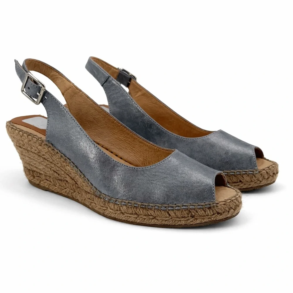 Kanna Metallic Silver Espadrille Wedge Slingback Peep Toe Sandal Summer Chic - Picture 3 of 16